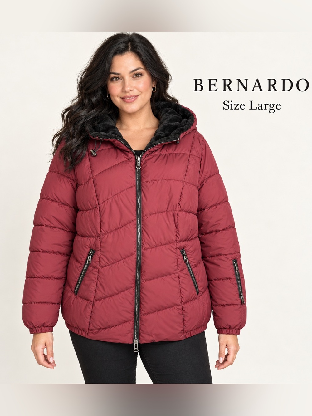 Bernardo EcoPlume Burgundy Hooded Puffer Jacket Faux Fur Lined Women’s Large